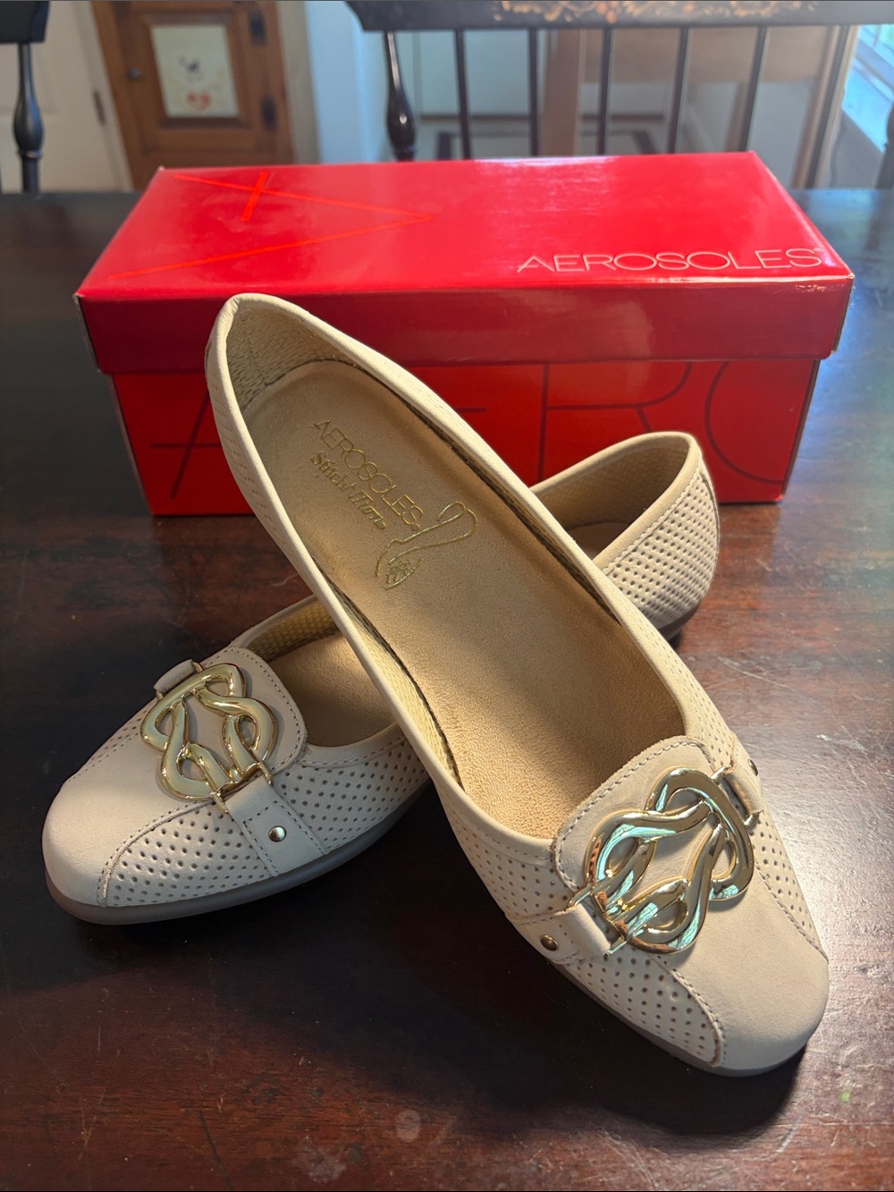AEROSOLES Women’s Size 8 Beige Perforated Slip-On Ballet Flats with Gold Accent